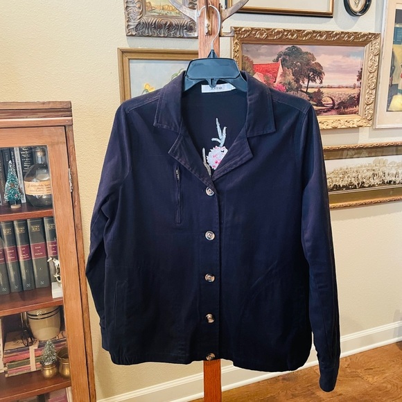 JustFab embroidered floral button jacket long sleeve pockets SZ M black pink - Picture 4 of 12